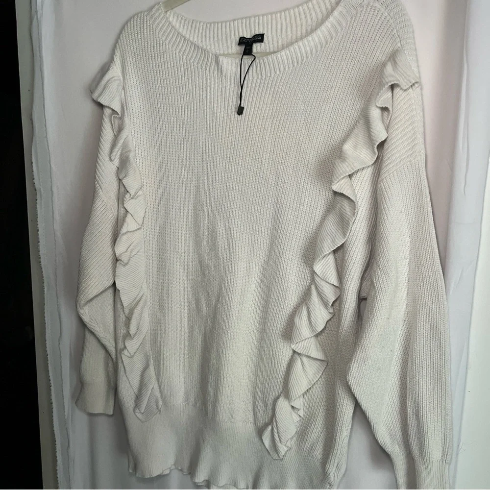 Express Women’s Sweater Sz L Rufffled Drop Sleeve White Cuffed 2018 Cotton - Picture 6 of 14